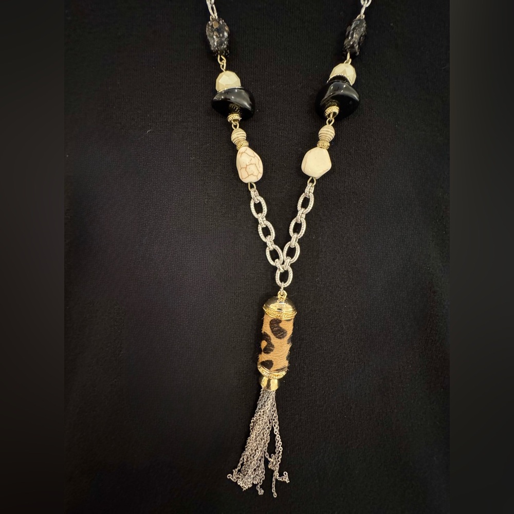 Chico’s Statement Leopard Tassel Necklace Long Silvery Chain Mixed Beads Boho